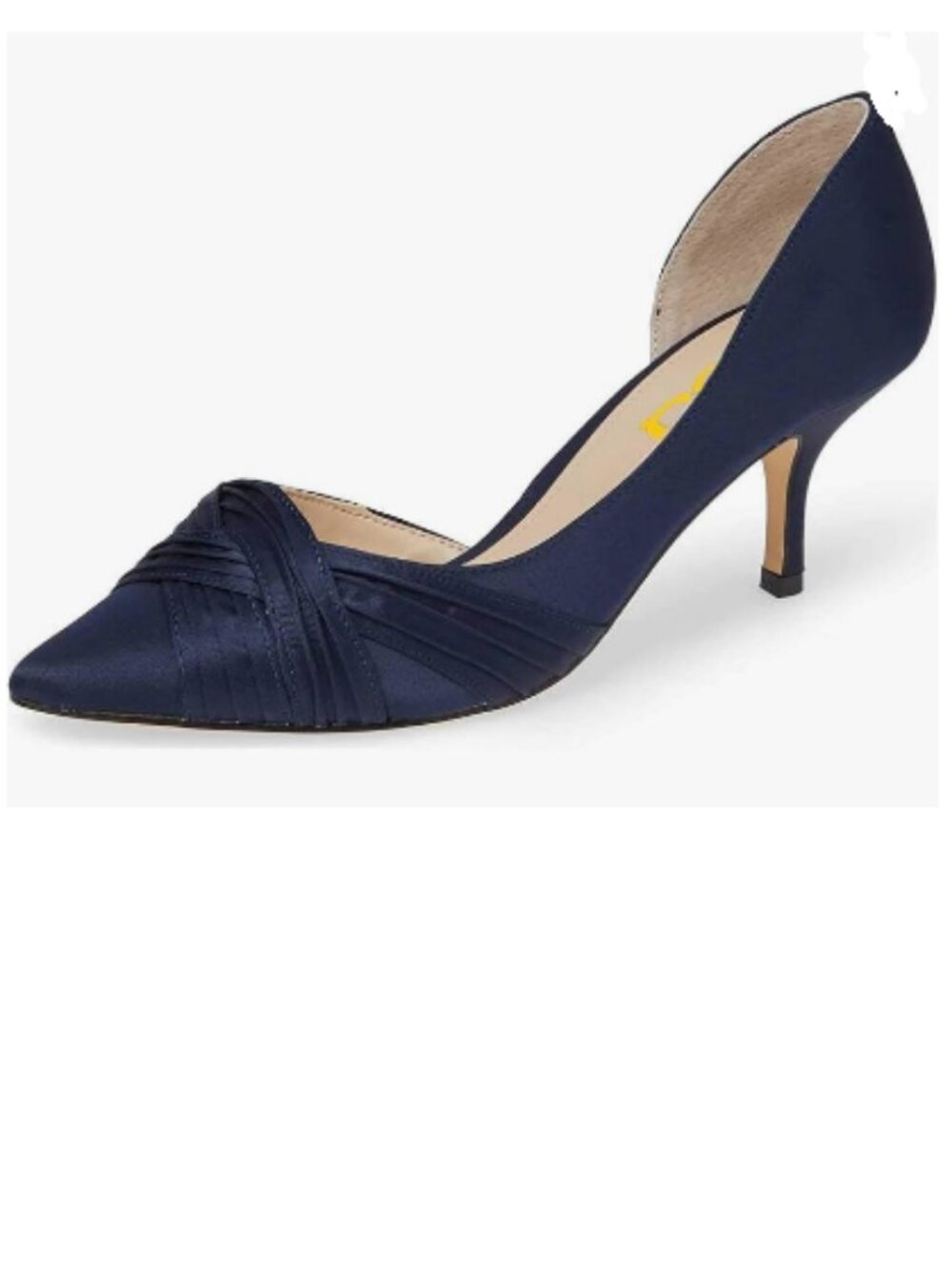 FSJ Navy Mid Heels Pointed Toe Slip on Pumps D'Orsay Pleated Satin Evening Shoes